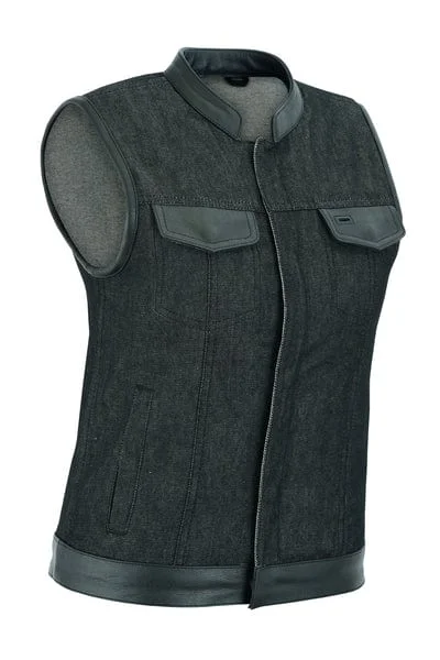 Women's Rough Rub-Off Raw Finish Denim Vest W/Leather Trim