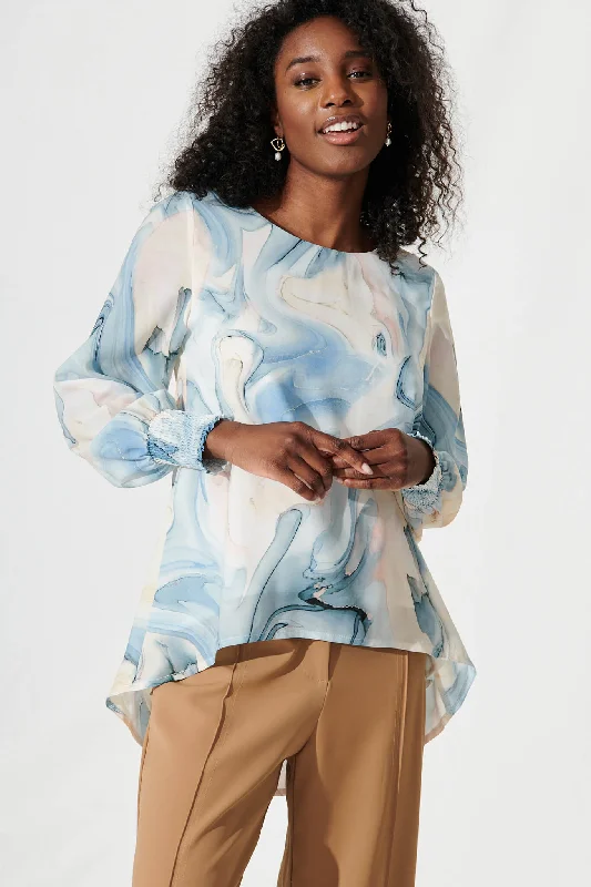 Phoebe Top In Blue Watercolour Chiffon