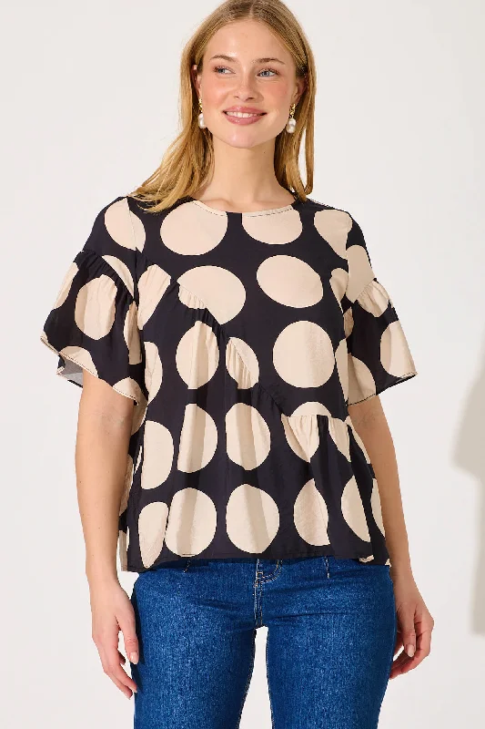 Girona Top In Black With Beige Spot Cotton Blend