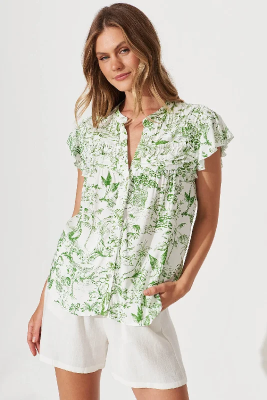 Sweetheart Shirt In White With Green Palm Print