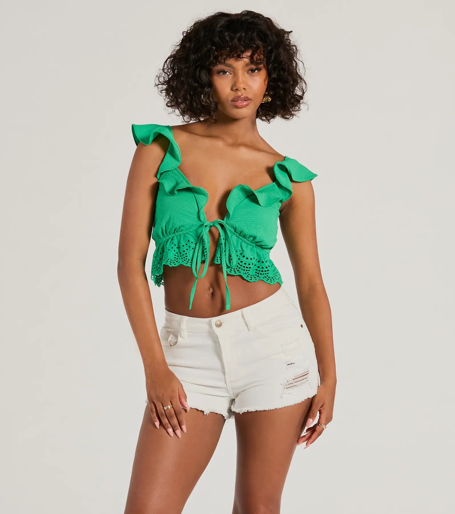 Flirty Flutter Sleeve Tie-Front Eyelet Crop Top