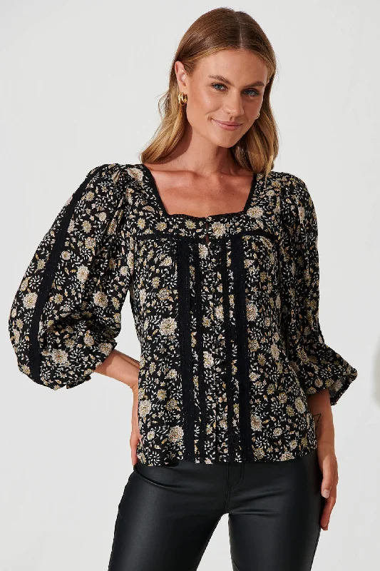 Martika Top In Black With Cream Floral