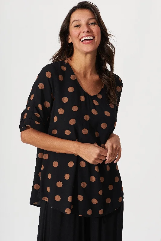 Laura Top In Black With Brown Polka Dot