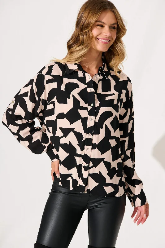 Greta Shirt In Black And Sand Geometric Print