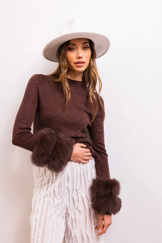 Samara Removable Fur Cuff Wool Sweater in Brown