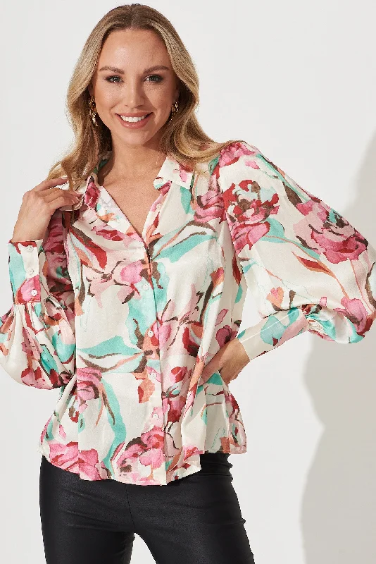 Aurora Shirt In Ivory With Pink And Green Floral Satin