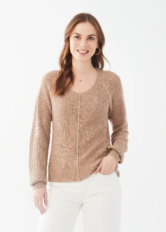 Long Pointelle Sleeve V-Neck Sweater