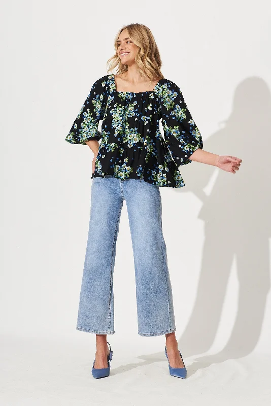 Huntley Smock Top In Black With Blue Floral