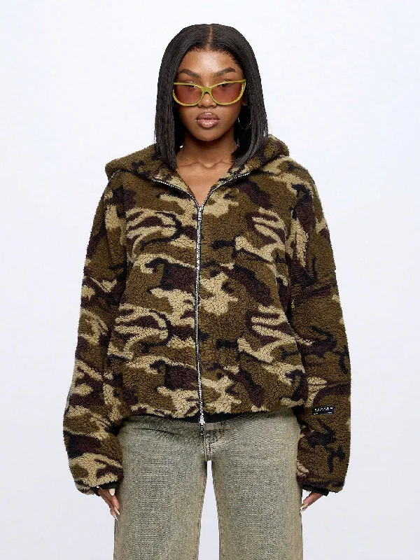 SUMWON WOMEN Camo Borg Oversized Zip Through Hoodie