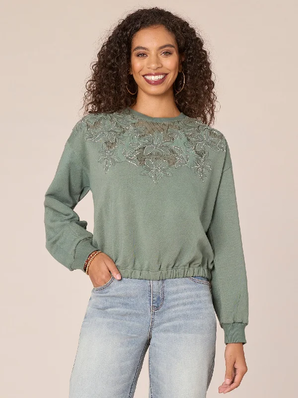 Long Sleeve Scoop Neck Die Cut Embroidered Petite Knit Top